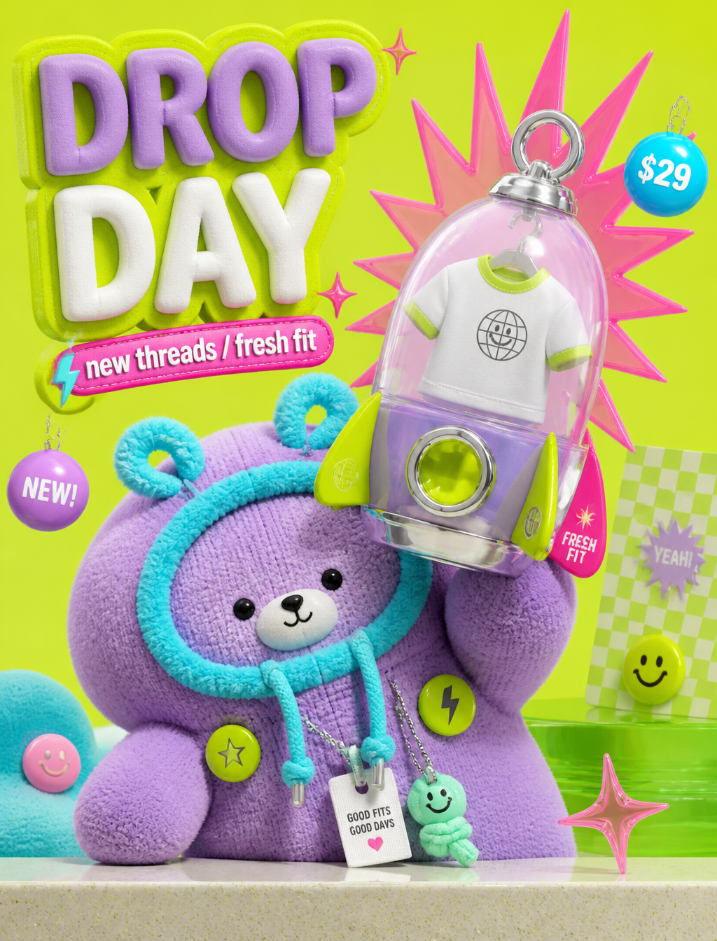 A glossy toy-advertising 3D style built from acid lime studi