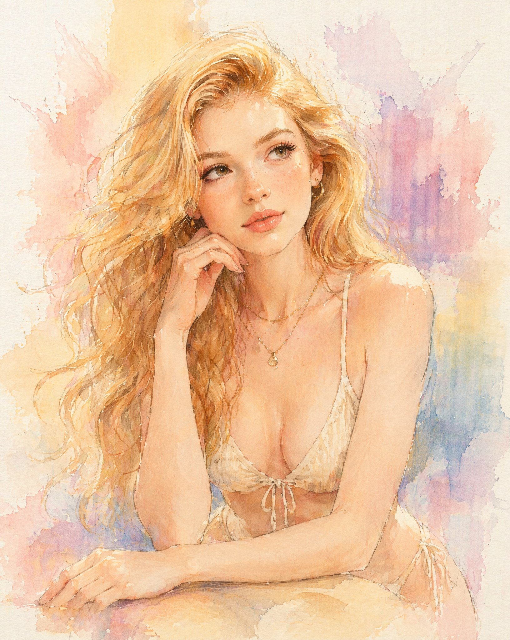 A soft pastel watercolor digital illustration of a young wom
