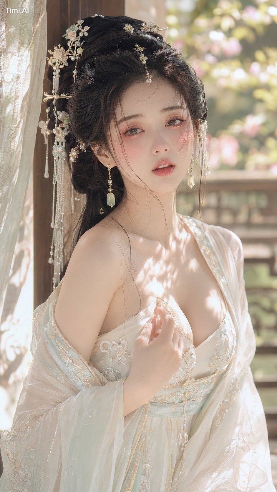 9:16 竖版，古风贵女花影水光美妆写真，东方水光显妆贵女人像，美妆特写到胸像近景构图，正面轻微侧身，安静看向镜头，嘴唇
