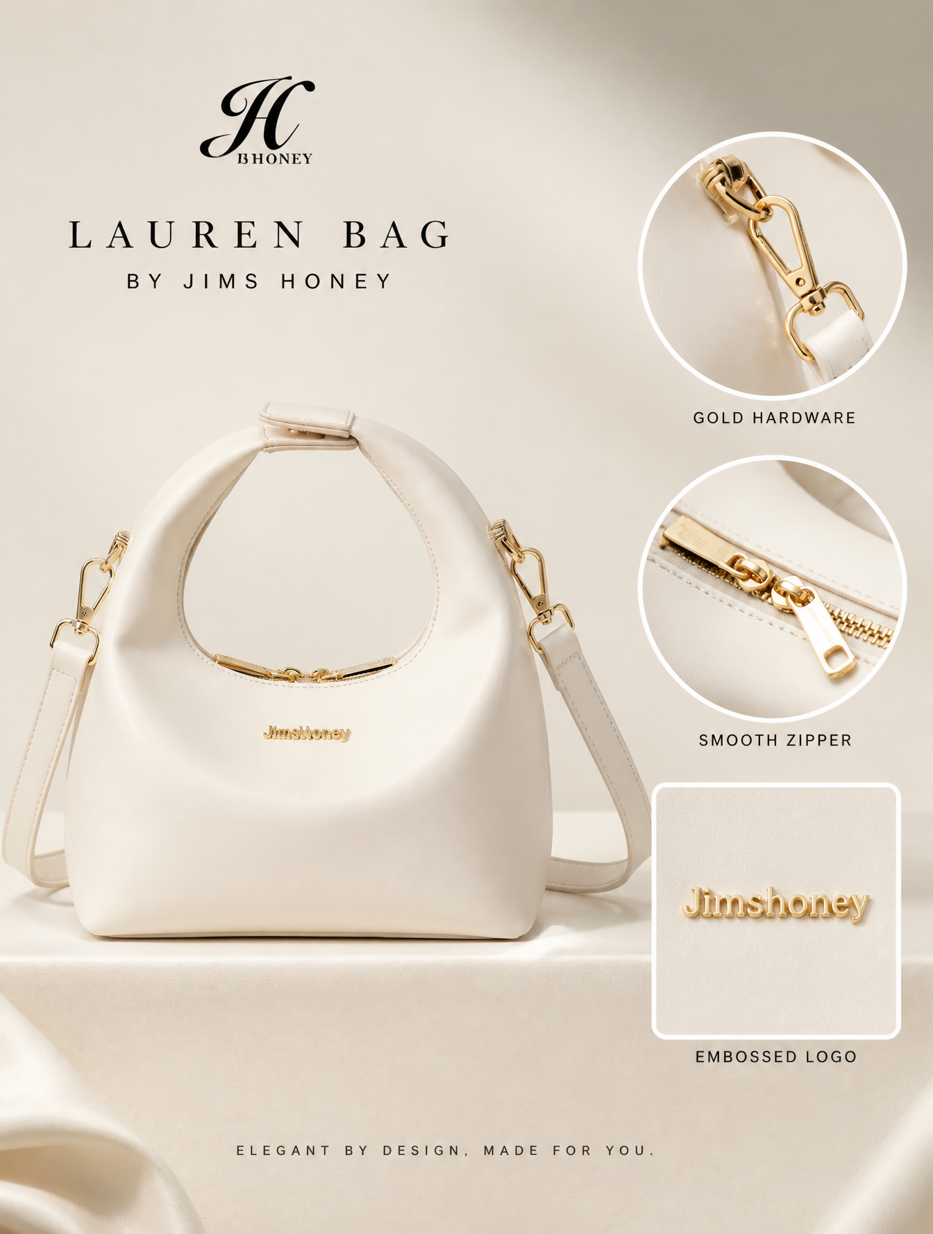 A high-end studio product advertisement features an off-whit