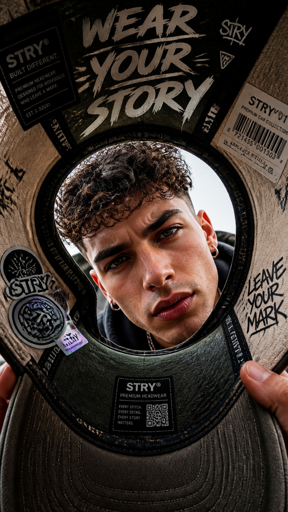 A premium 9:16 streetwear advertising poster.Main Subject:A