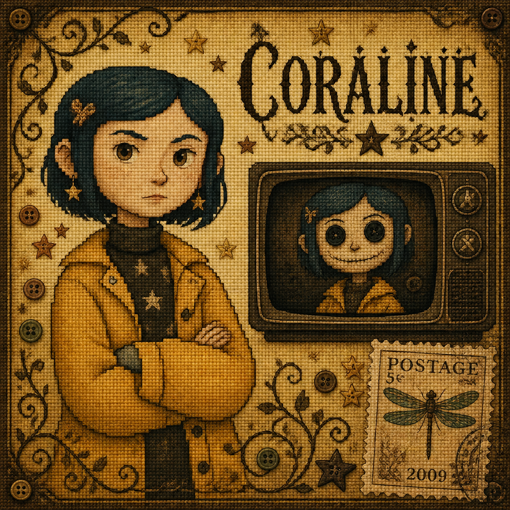 Vintage cross-stitch fan art illustration in scrapbook layou