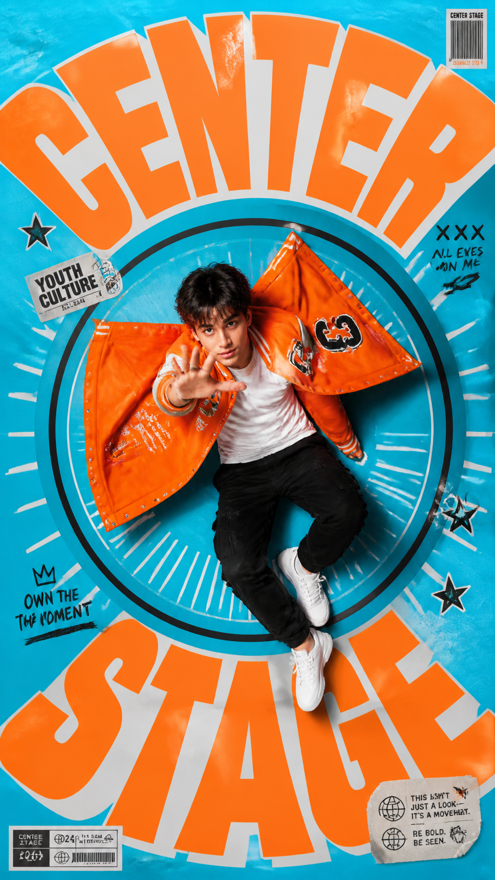 A premium 9:16 youth-culture fashion poster.Main Subject:A y