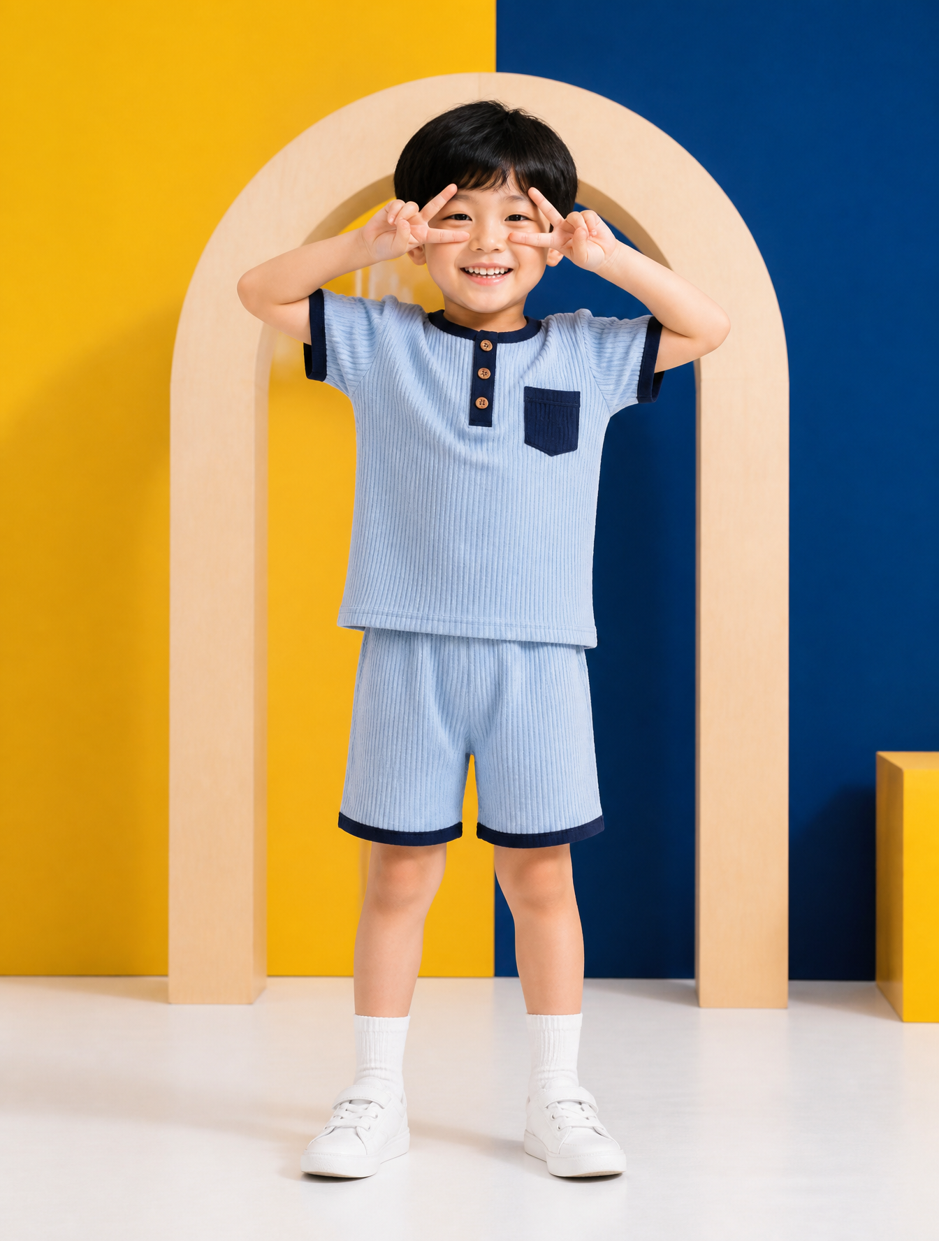 A young East Asian boy with a joyful expression stands cente