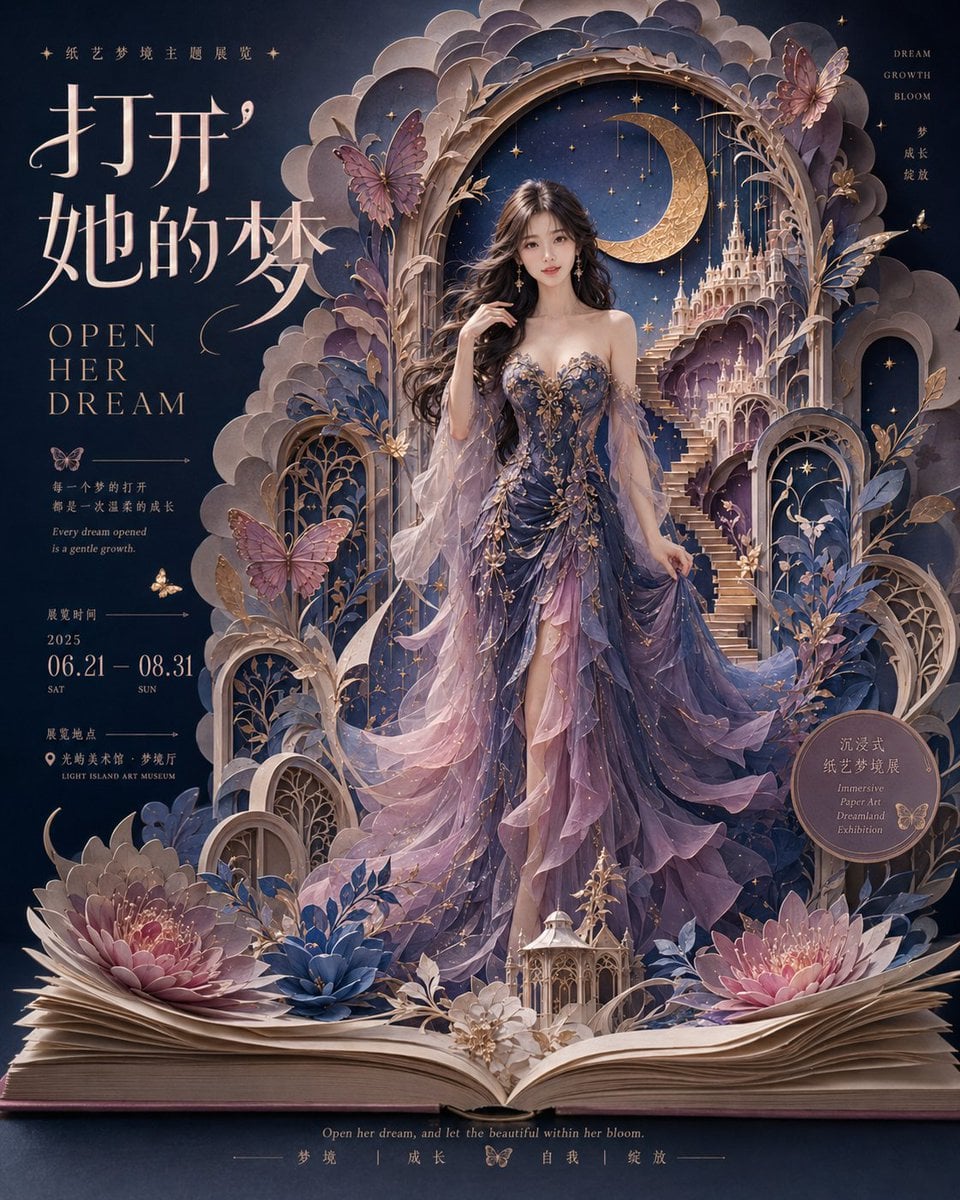 生成一张 4:5 竖版、高完成度的梦幻纸艺展览视觉海报，主题为《打开她的梦 / OPEN HER DREAM》。

整张