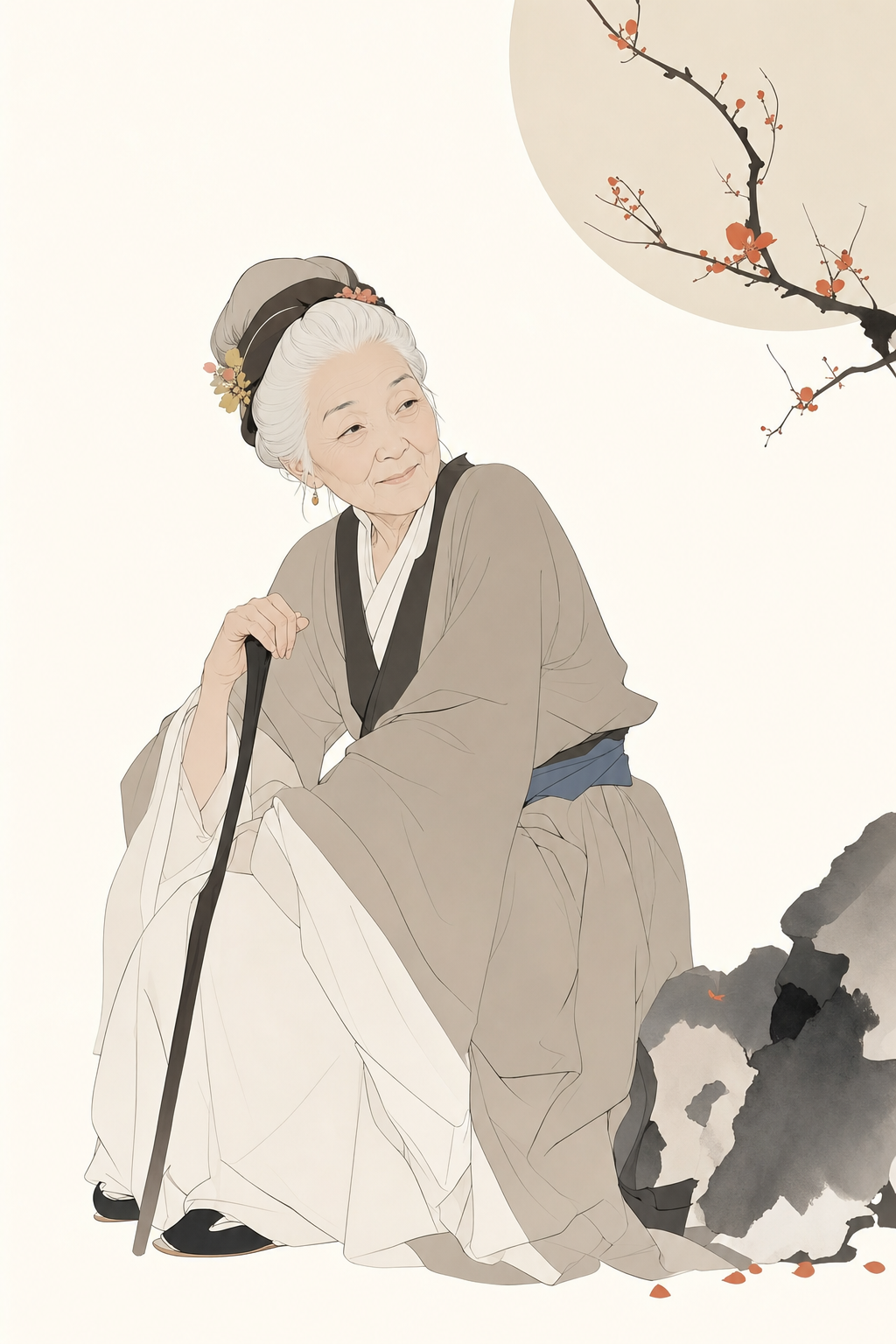 一张极简主义现代杂志风格插画，主体为红楼梦里的刘姥老。画面以干净流畅的线条塑造形象，造型简洁但富有美感，背景保留大面积留
