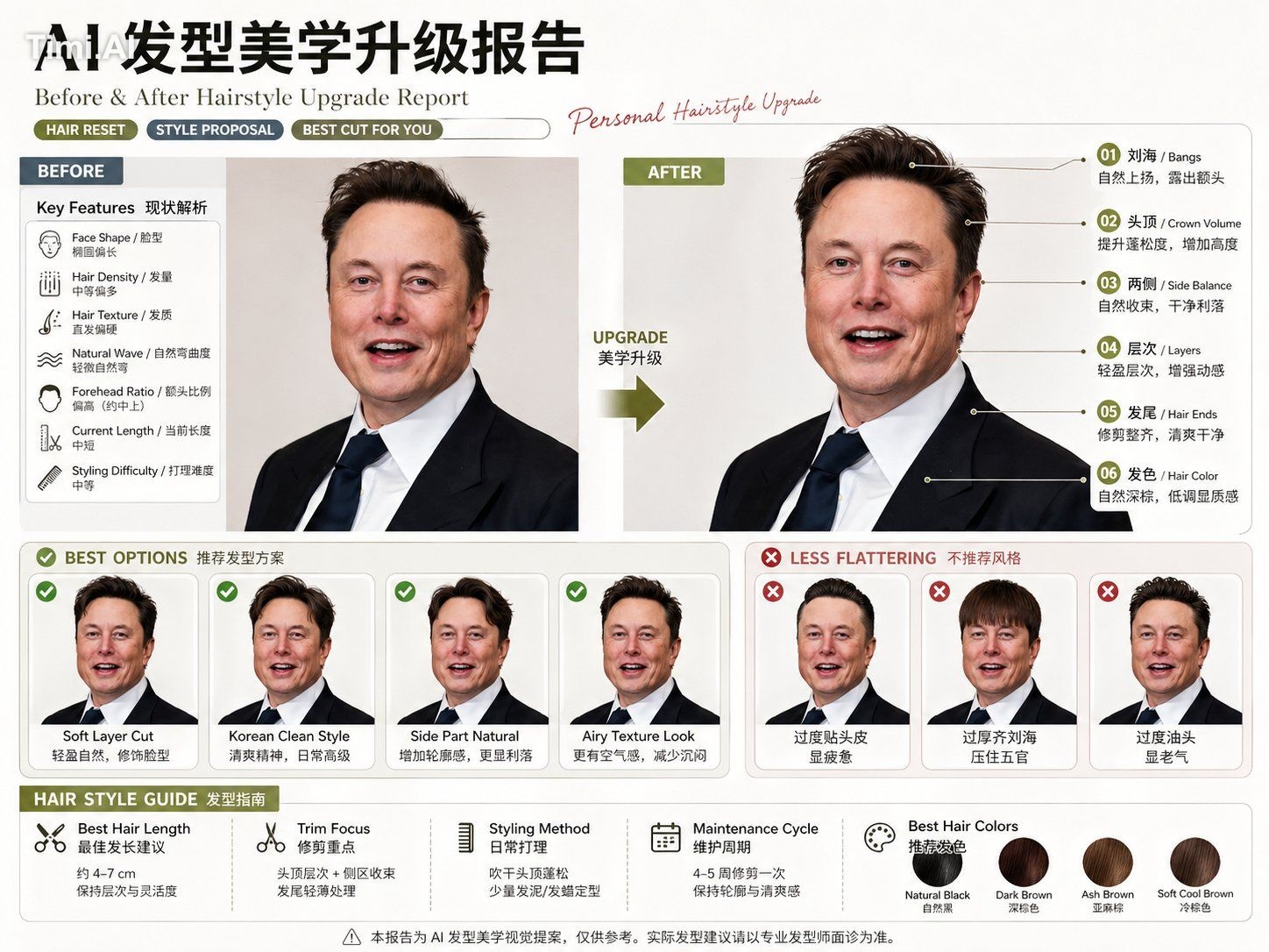 请基于用户上传的正面形象照片,生成一张横向 4:3 的高完成度「AI 发型美学升级报告 / Before & After