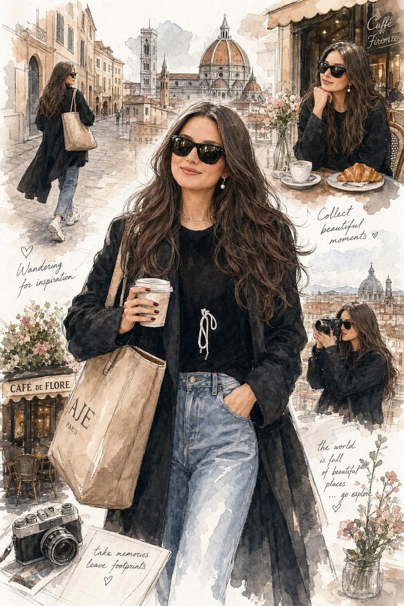 Elegant watercolor fashion illustration of a stylish young w