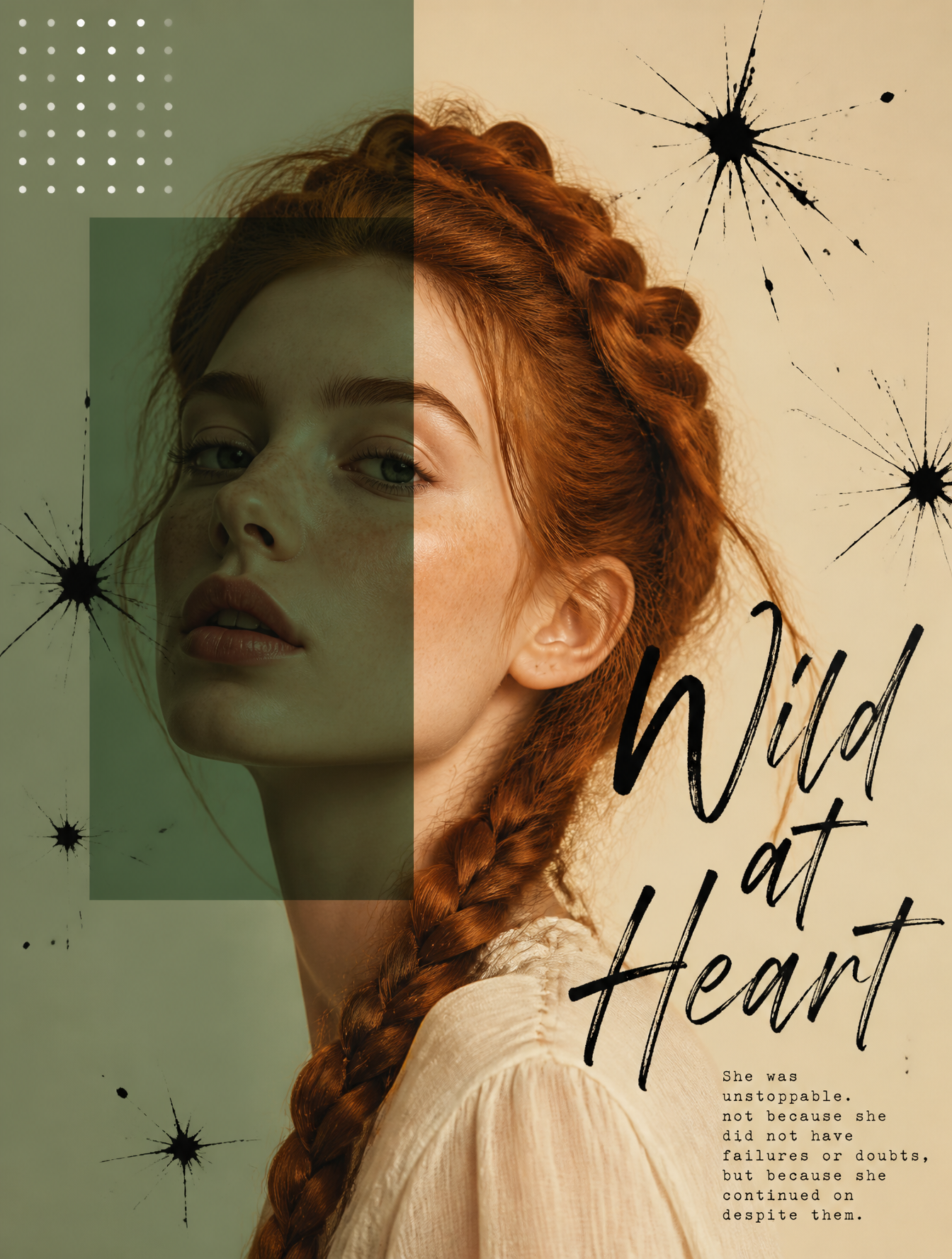 Artistic portrait of a woman with braided red hair, overlapp