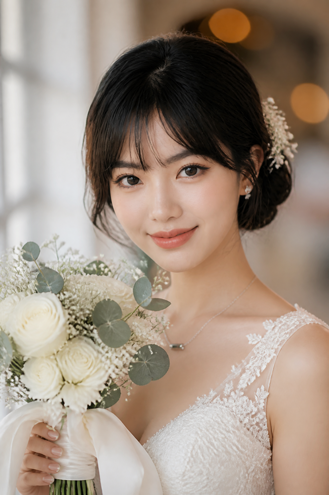 A breathtaking close-up portrait of a beautiful Asian bride,
