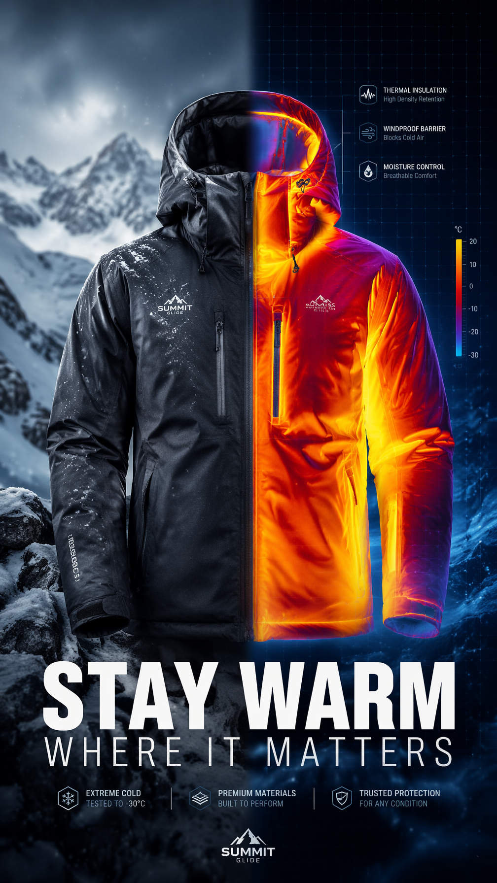 A premium 9:16 winter jacket advertising poster.Main Subject