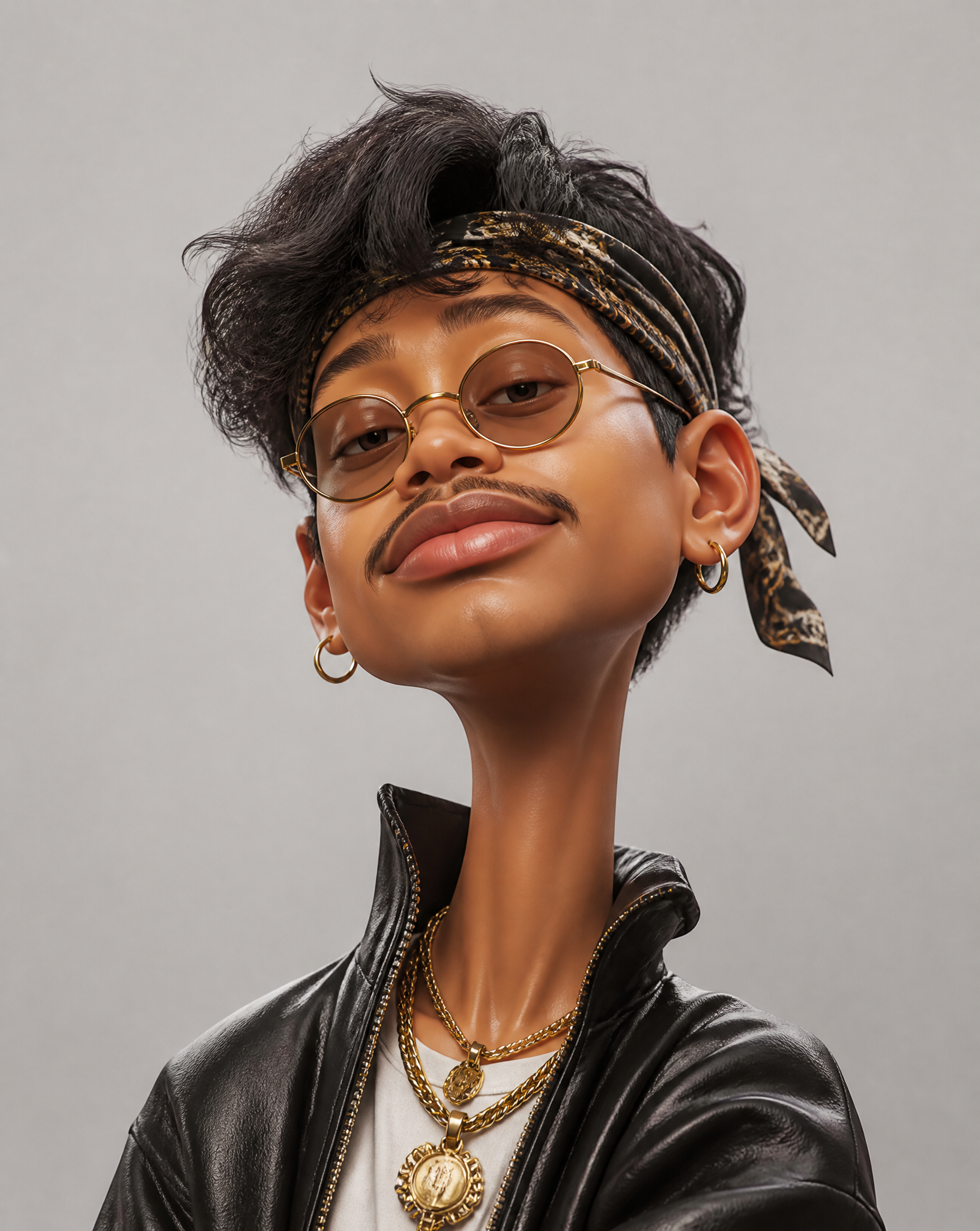 Create an exaggerated stylized 3D caricature character portr