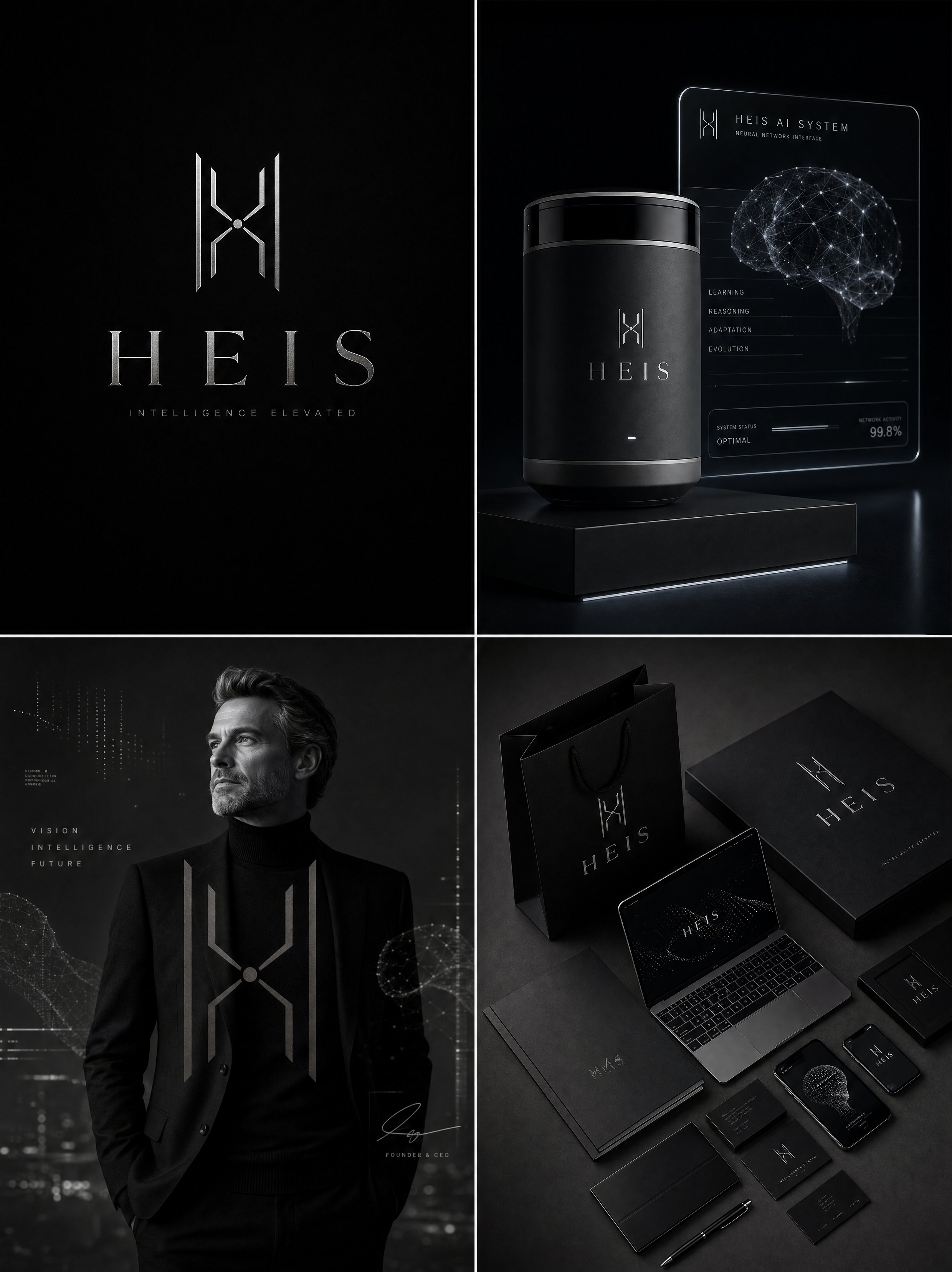 Luxury AI brand identity board for "HEIS", ultra-premium art