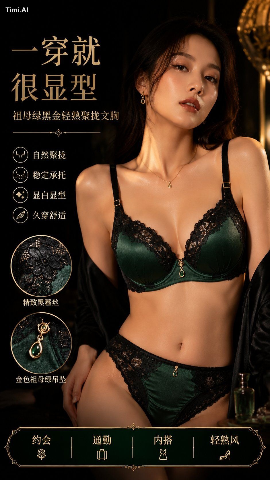 先生成一张产品定款图,确定同一款内衣的颜色、杯型、蕾丝、肩带、五金、吊坠和配套内裤。
后面 4 张详情页都上传这张定款图