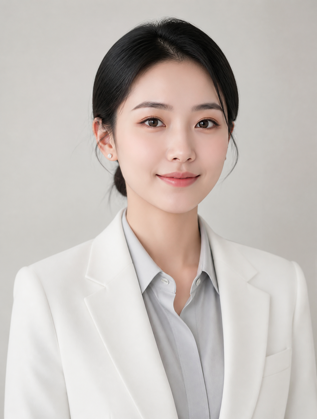 人物肖像照，正面，28岁东亚年轻女生，28岁亚洲女性职业肖像，脸型偏圆，但是看起来偏瘦，乌黑低丸子头，佩戴简约白金耳钉（
