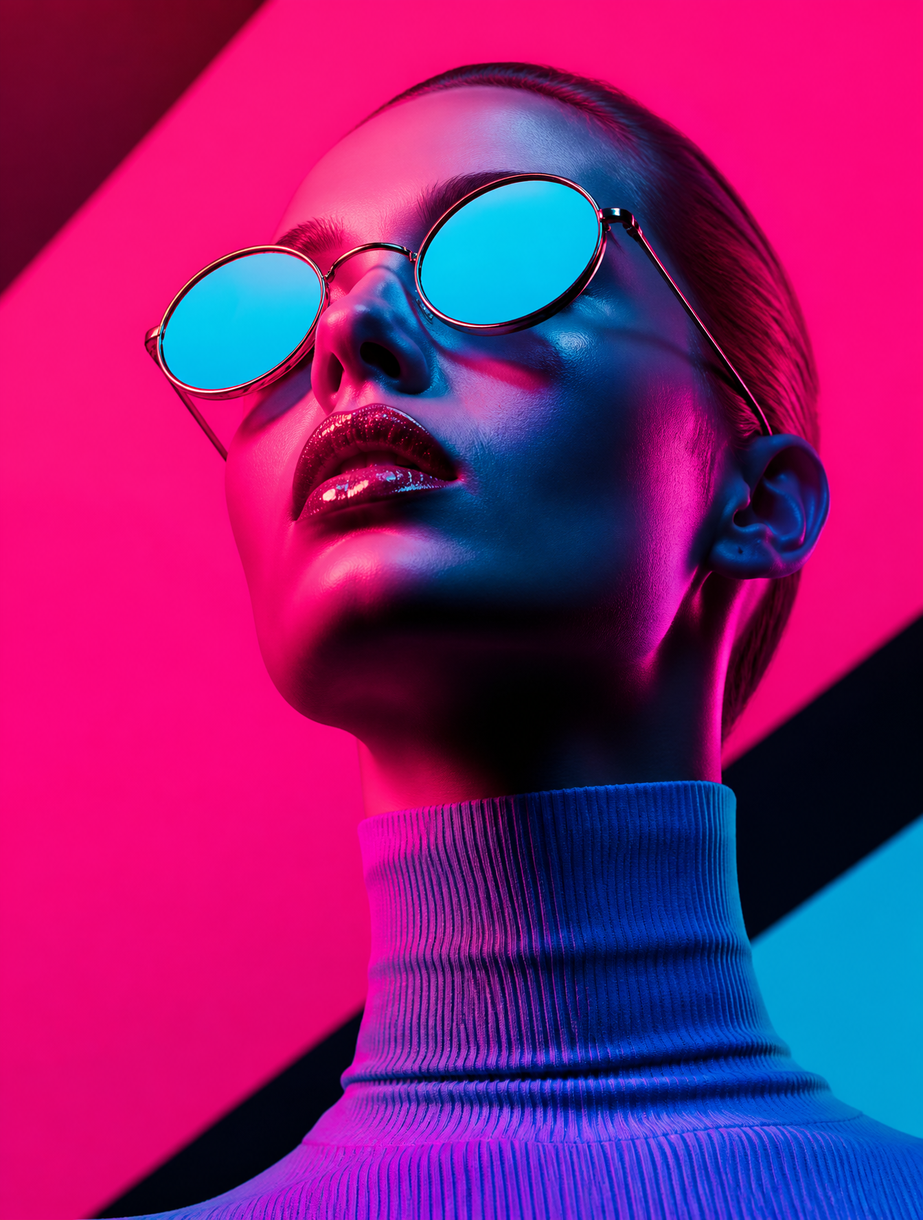 A high-fashion portrait features a woman with slicked-back h