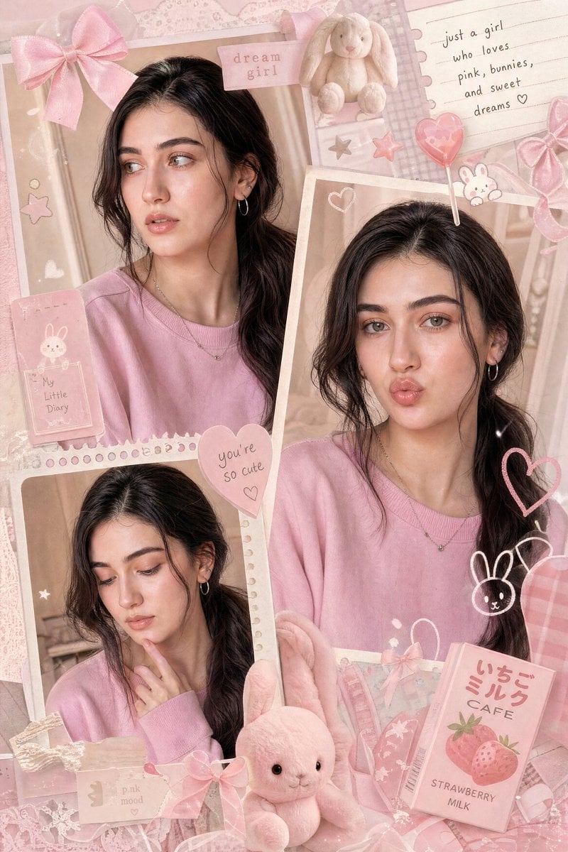A dreamy multi-frame pastel pink aesthetic collage featuring