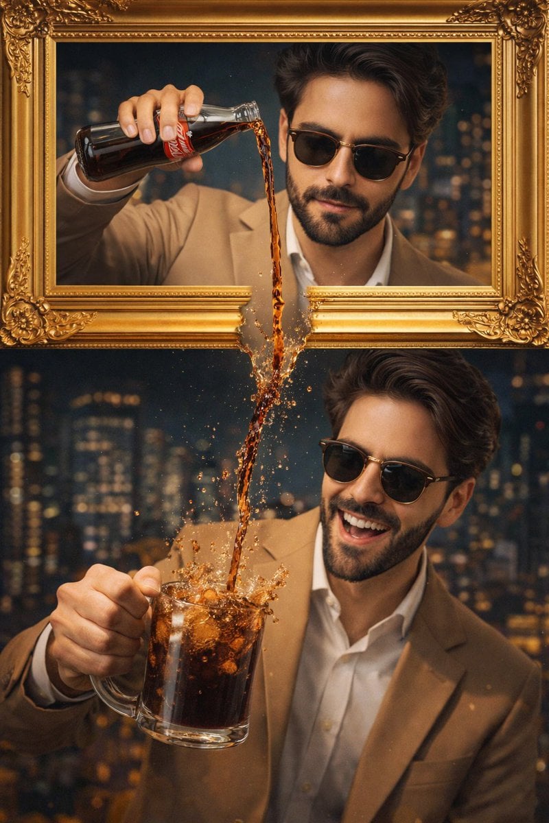 A stylish man wearing a tan suit and sunglasses is featured