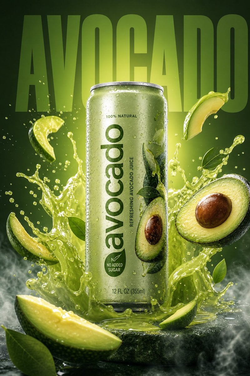 A high-resolution, vibrant product ad featuring a (avacado )