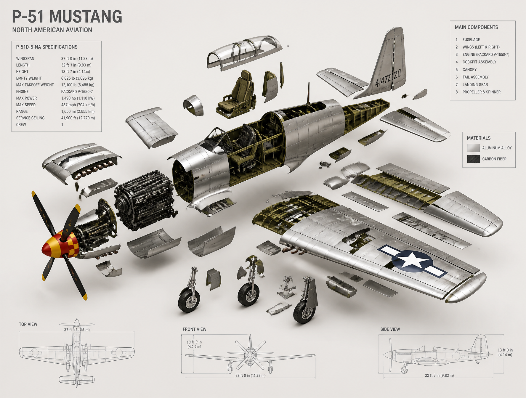 High-end 3D CAD exploded view diagram of a [p51 mustang], re