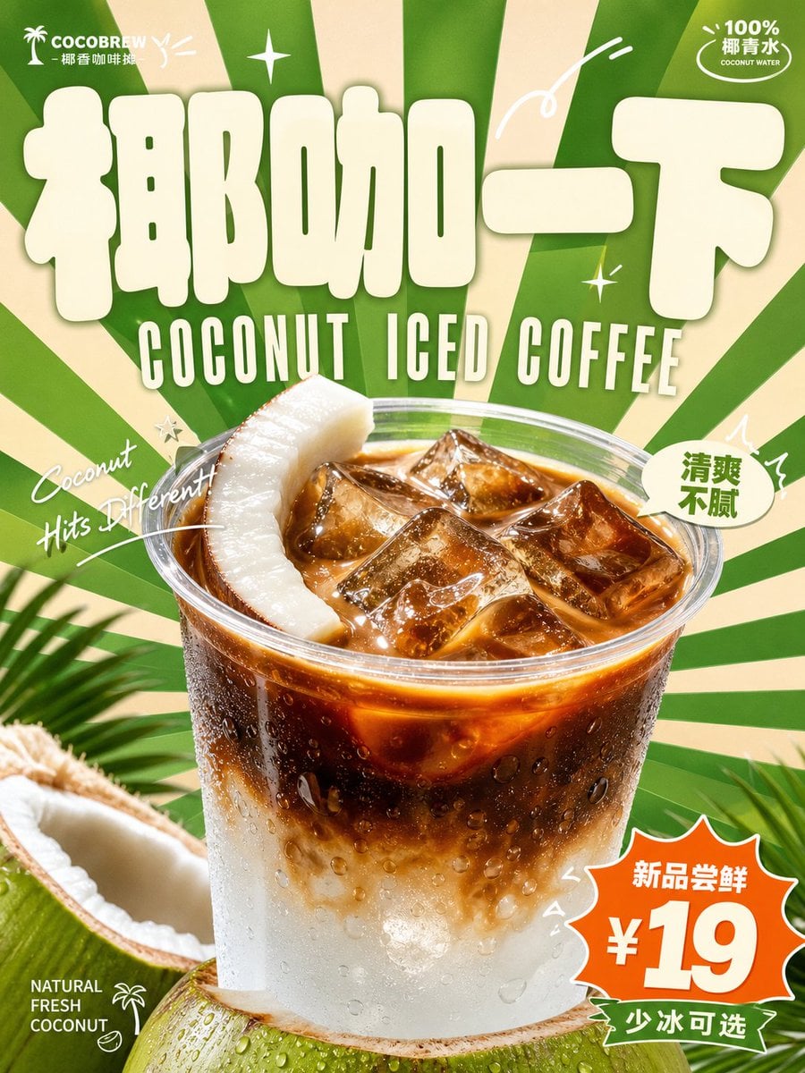 围绕具体饮料主题生成一张明亮轻快的复古商业广告视觉:画面第一眼由超大、厚实、圆角饱满的主题字标建立记忆点,字形像柔软膨胀
