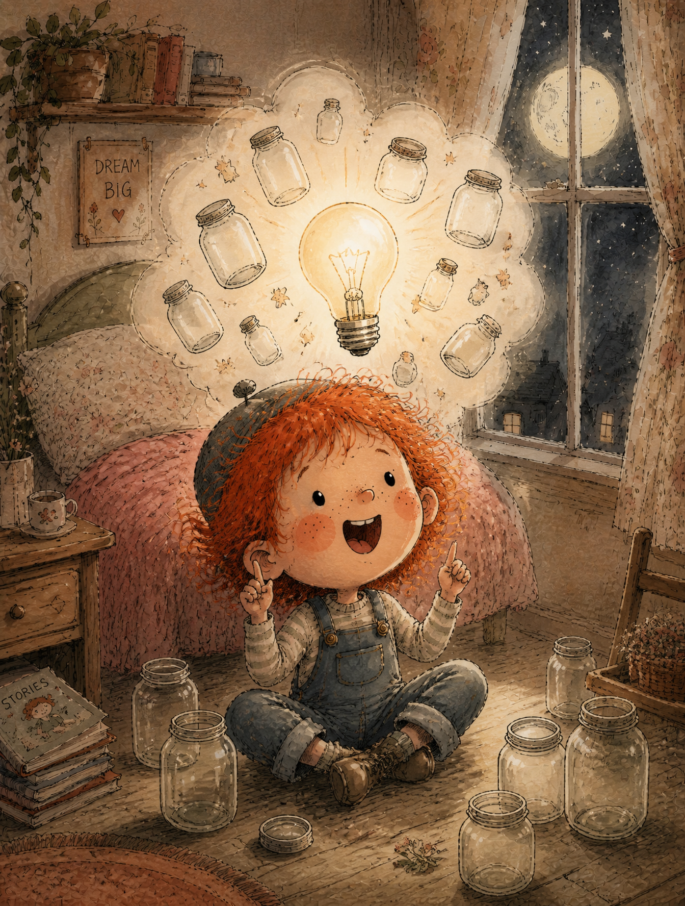 A young boy with wild red hair, freckles, rosy round cheeks,