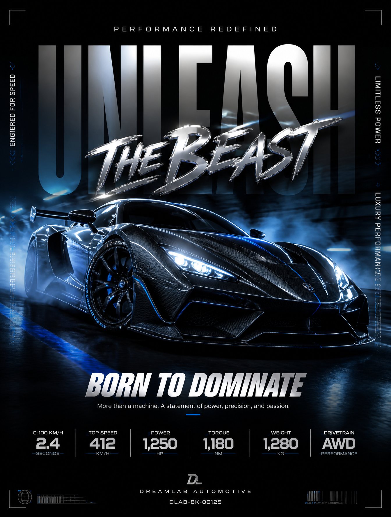 Ultra-premium automotive advertising poster on a dark cinema