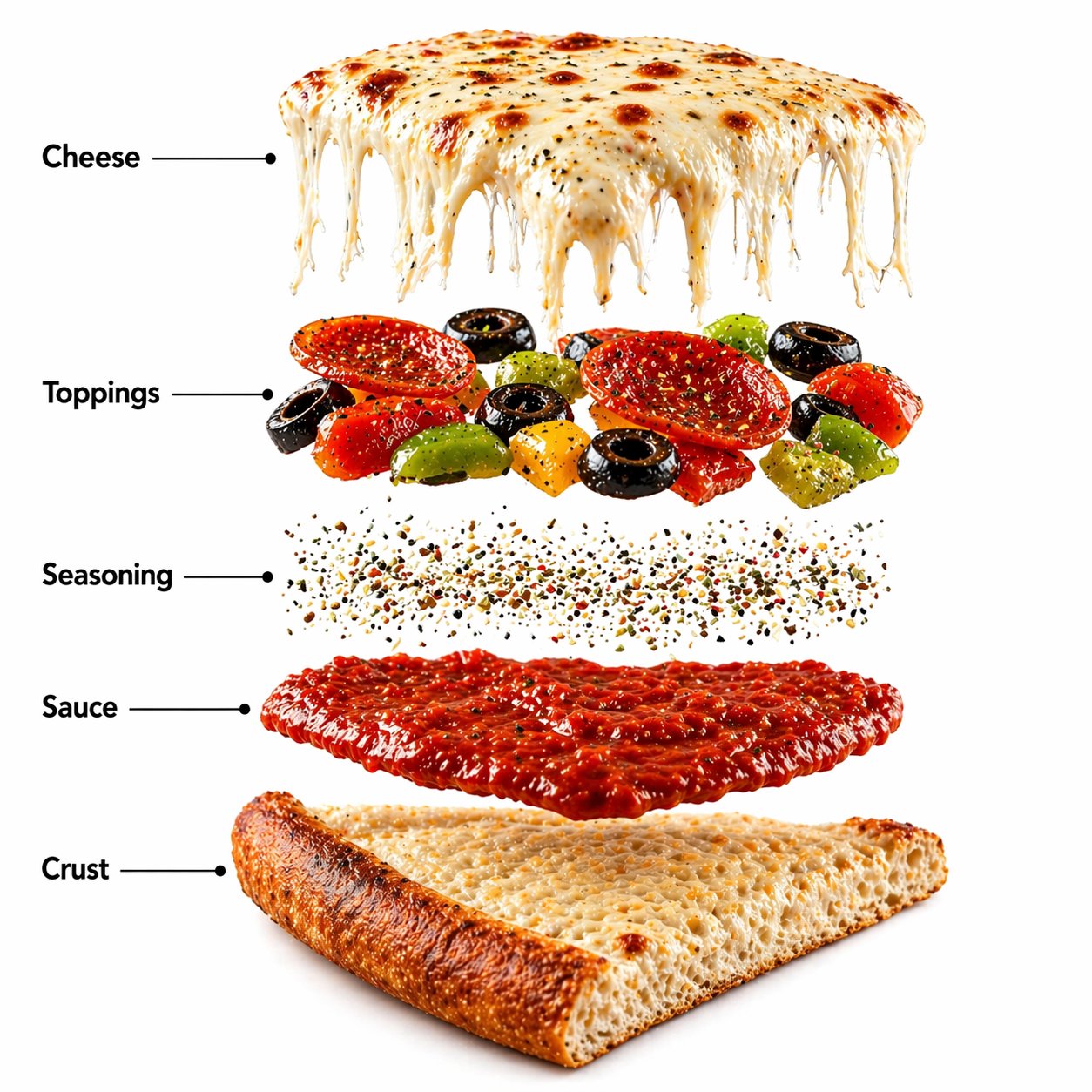 The pizza slice starts to slowly spin while the ingredients