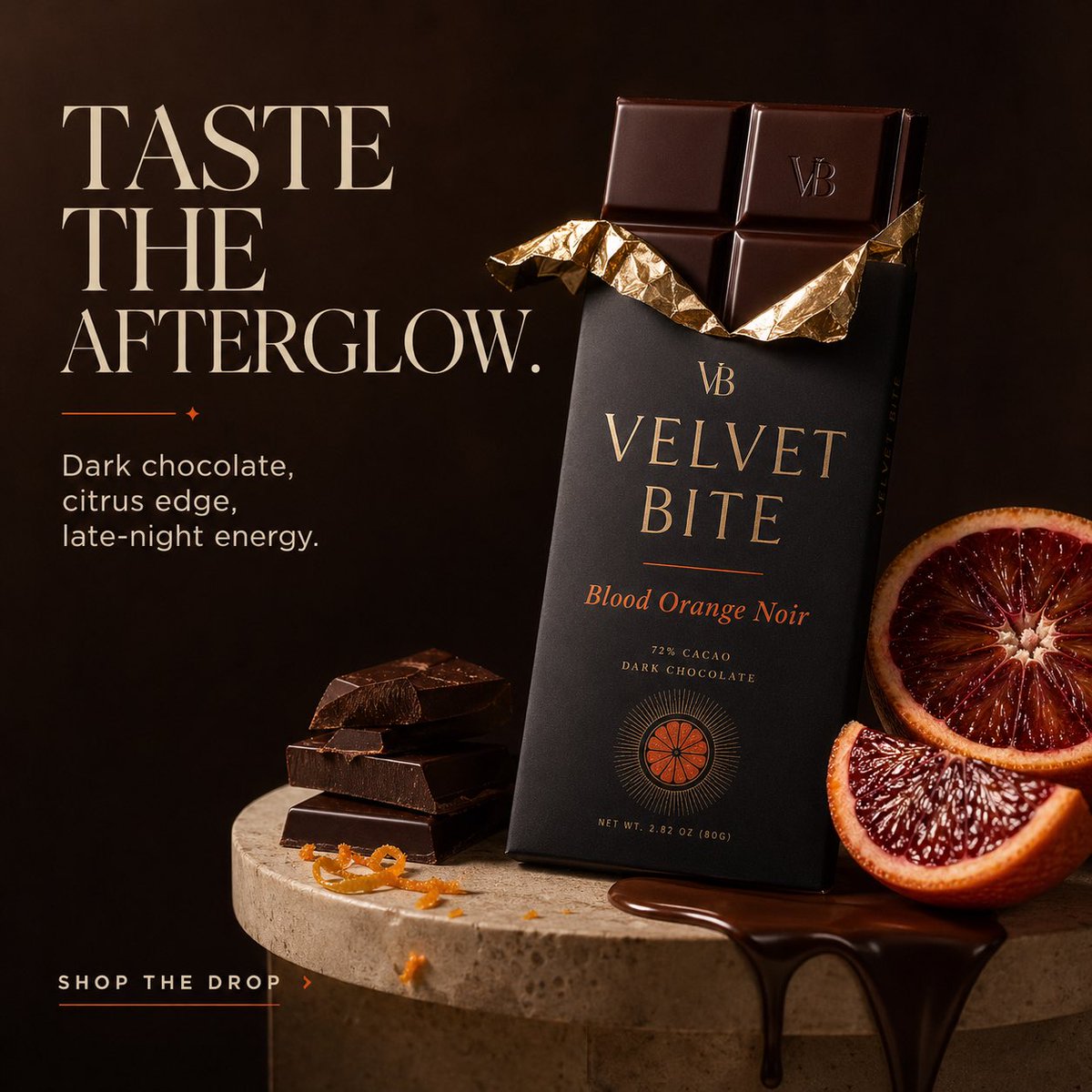 Create a premium ad for a fictional luxury chocolate brand c