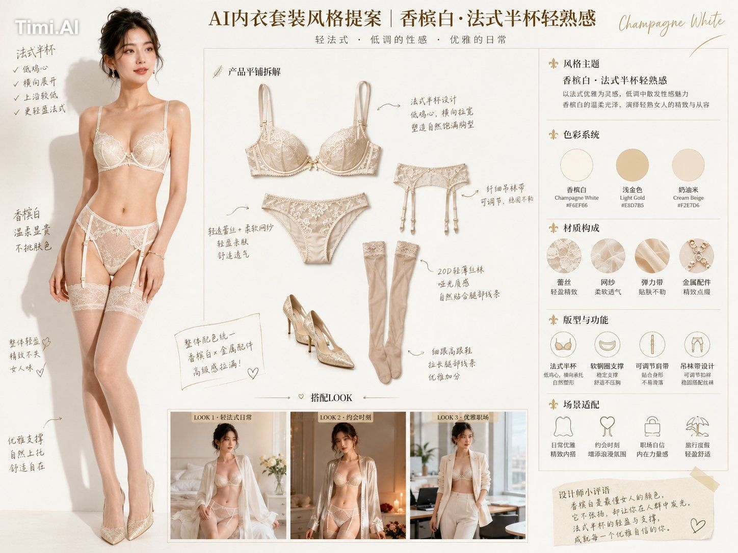 请根据用户输入的【内衣主题 / 色系 / 风格方向】,创作一张横向 4:3 的高完成度中文版「AI内衣套装风格提案 /
