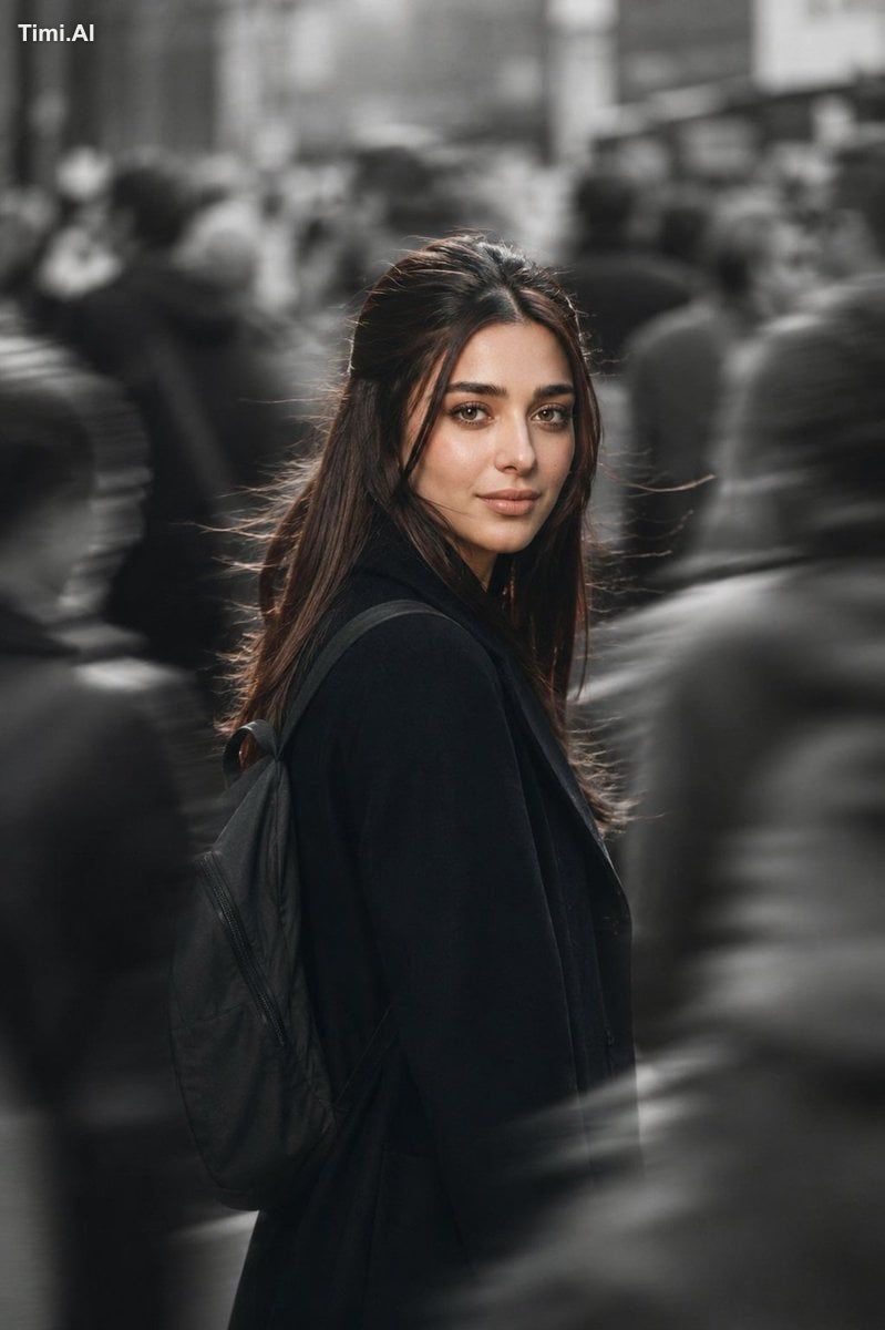 Create a cinematic street portrait of the woman standing in