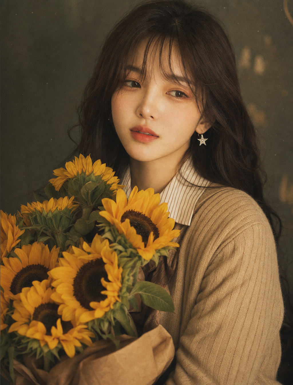 POSITIVE PROMPT:A young East Asian woman with long, soft dar