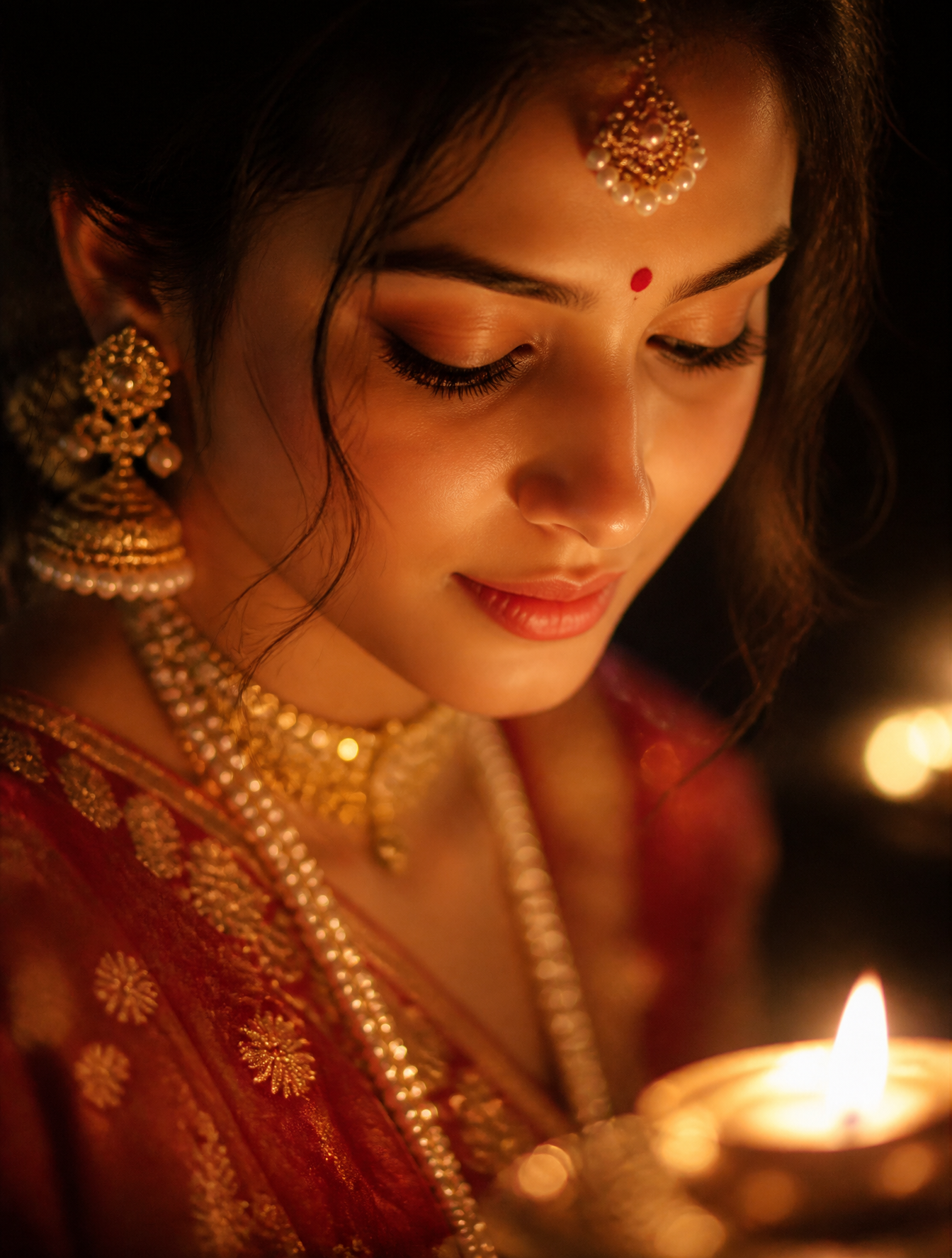 A portrait of a woman in traditional Indian attire is captur