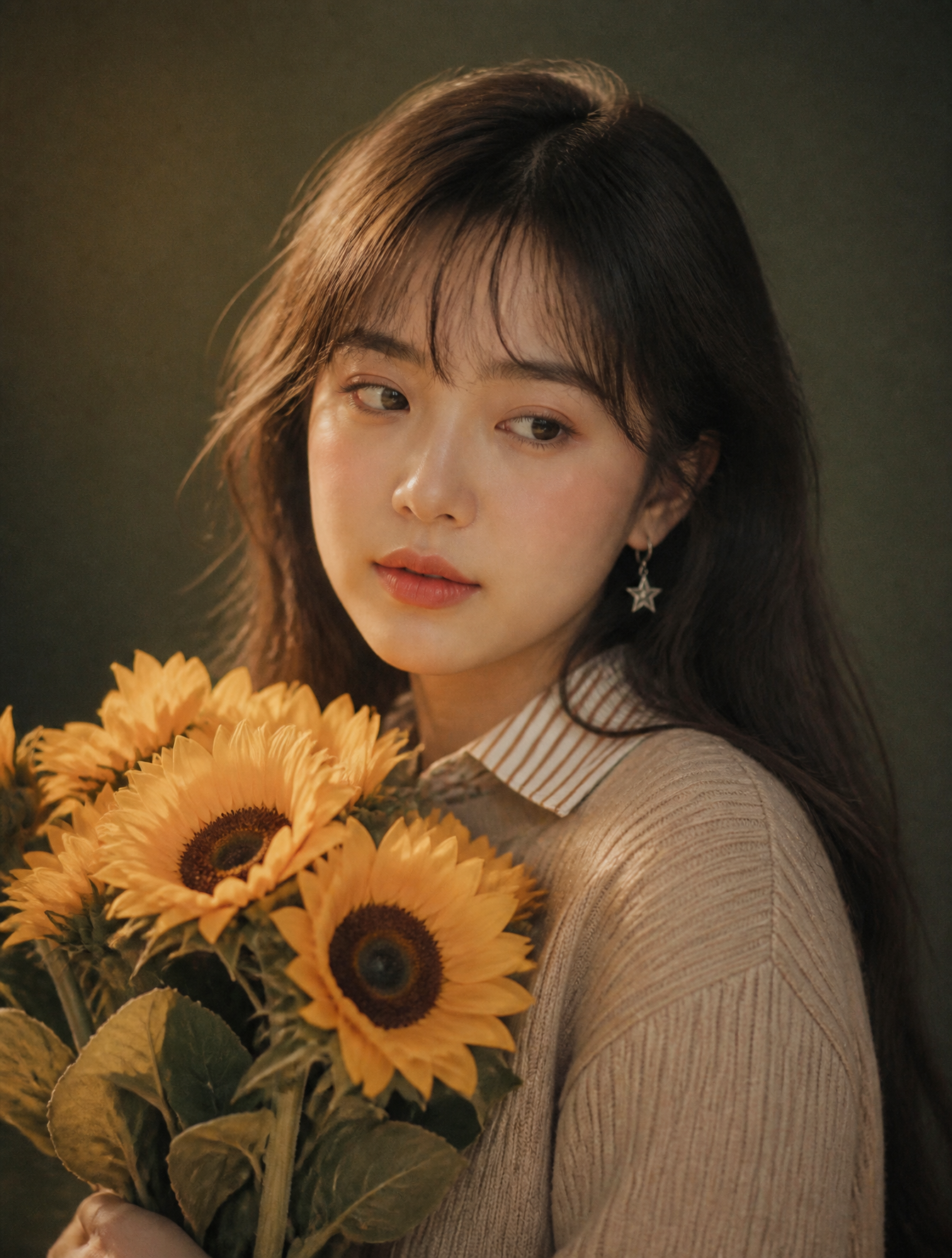 POSITIVE PROMPT:A young East Asian woman with long, soft dar