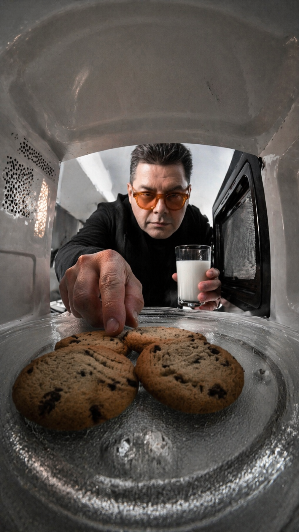 A person reaching into a microwave for cookies while holding