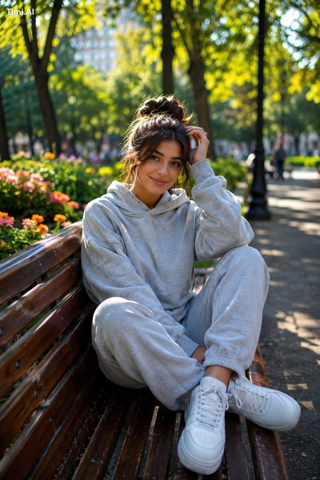 A stunning young woman sitting casually on a wooden park ben