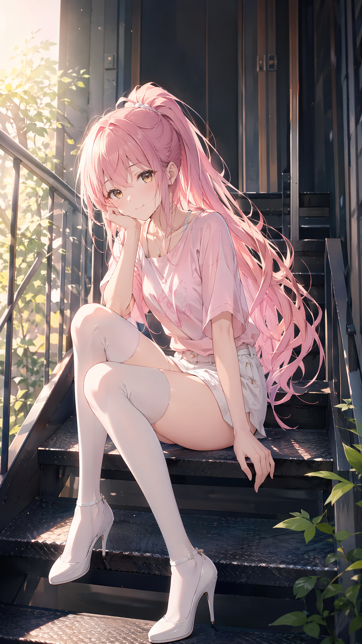 竖屏手机壁纸，二次元动漫插画，粉色长发年轻少女坐在室外楼梯上，超长粉发高马尾，发丝柔顺飘散，金棕色眼睛，温柔微笑， 侧身