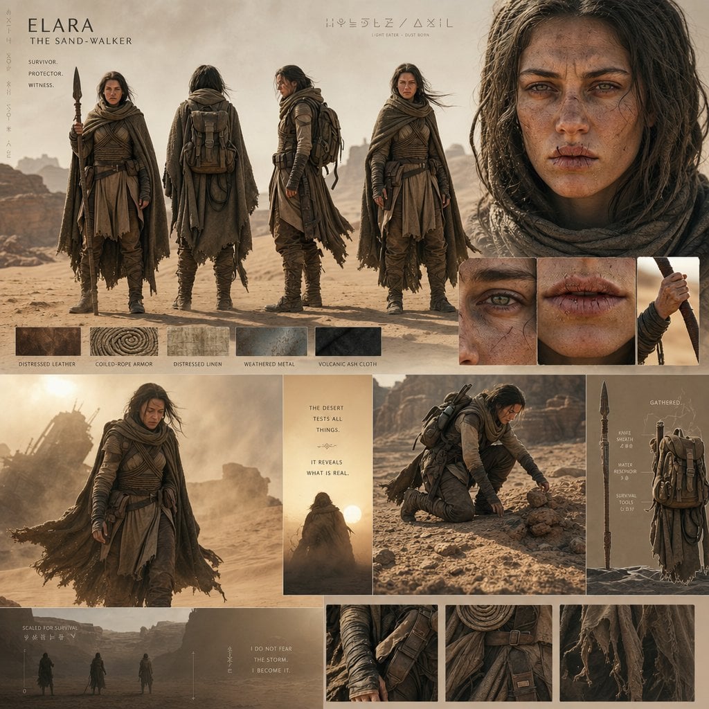 An epic desert-world cinematic character board with monument