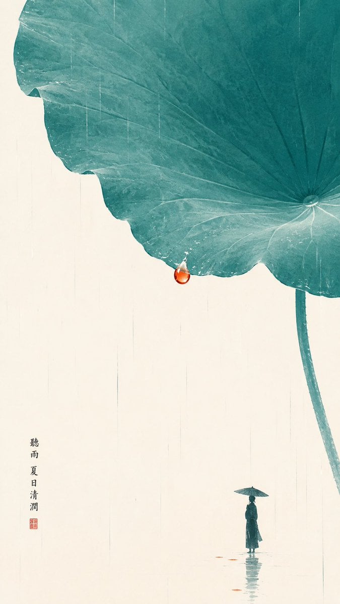 主题方向：东方禅意极简人物插画
风格分支：高对比清润型
主体内容：一位小人物站在巨大荷叶下听雨
情绪母题：清润、夏日、静