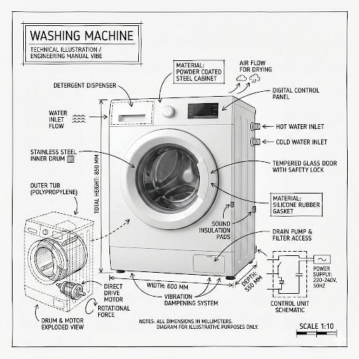 Create an infographic image of [washing machine], combining 
