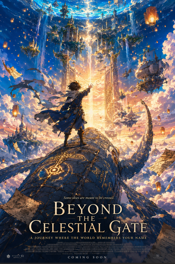 A breathtaking anime fantasy movie poster in portrait format