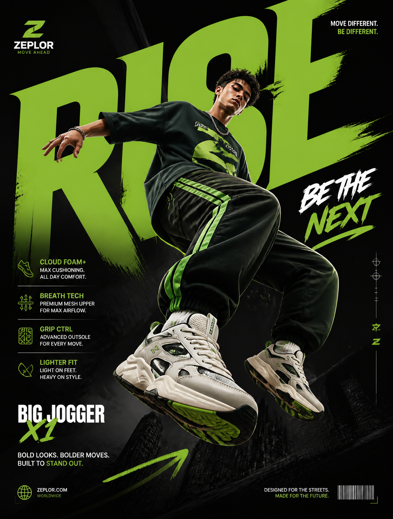 Generate a perfectly graphic designed poster of Shoe adverti