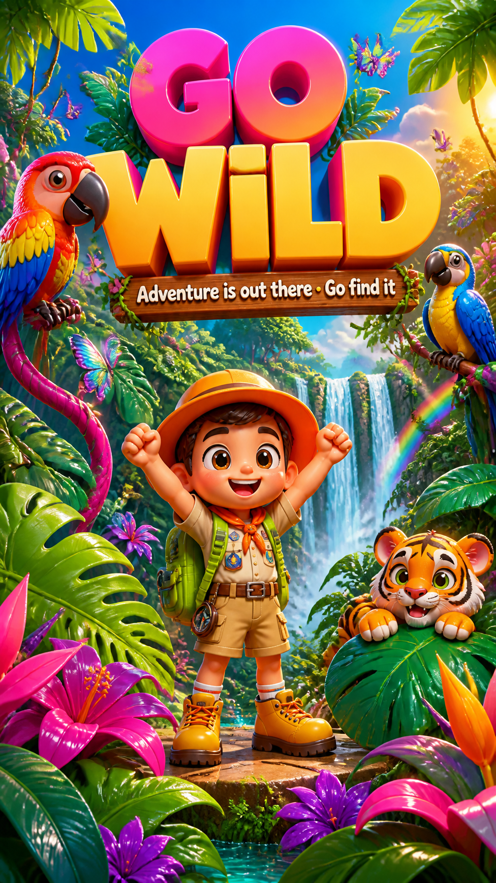 PROMPT:A wildly colorful and adventurous vertical poster bur