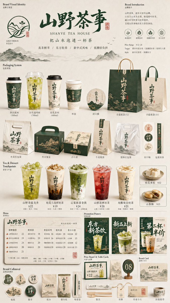 生成一张[餐饮品牌触点矩阵]系列视觉图，用于展示一个完整的餐饮品牌视觉系统与包装应用方案。 这是一个面向餐饮行业的品牌V