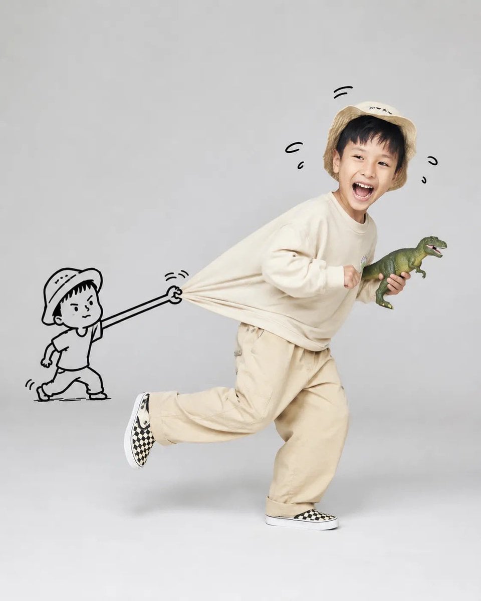 A playful, high-key studio portrait of [Subject] running joy
