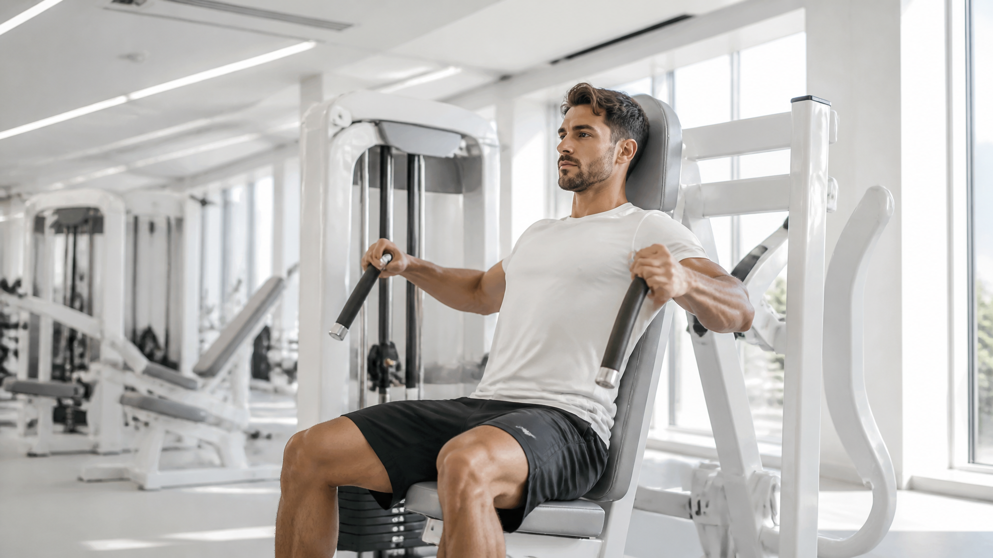Ultra-realistic athletic man using a premium gym machine, po