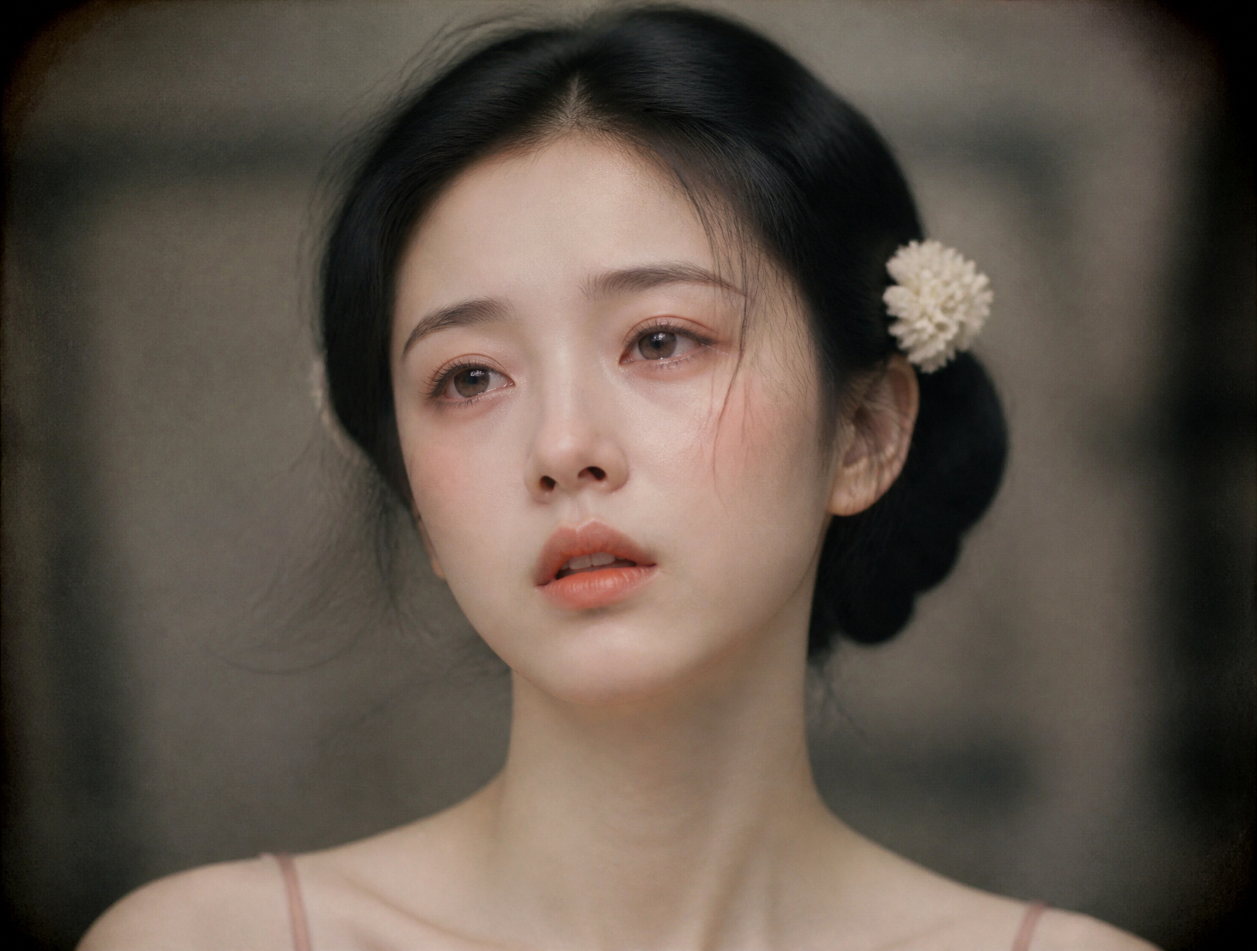 工笔重彩与超写实摄影融合风格，民国舞女肖像。竖幅构图，正面近景人像，人物位于画面中央，占据约四分之三高度，面部集中于画面
