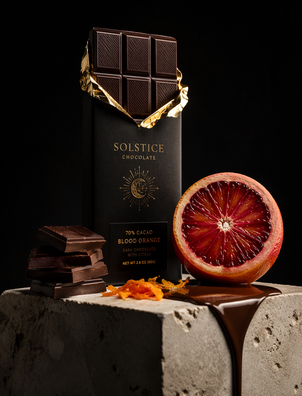 A premium dark chocolate bar wrapped in matte black paper wi