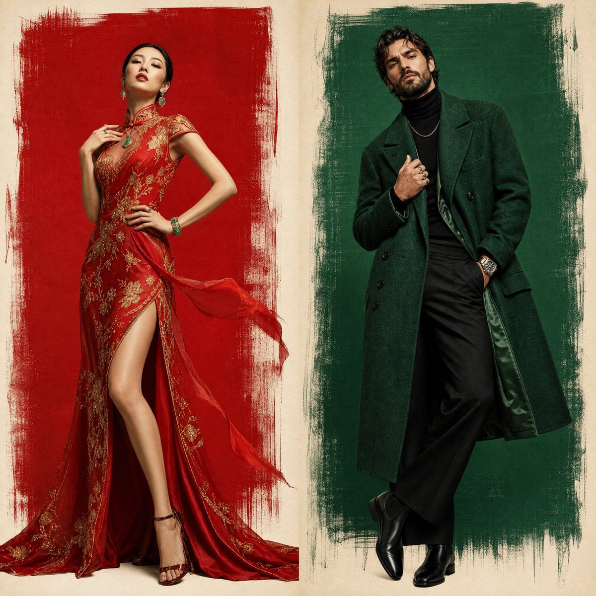 Two-panel luxury fashion poster.
Left side: a rough brush-