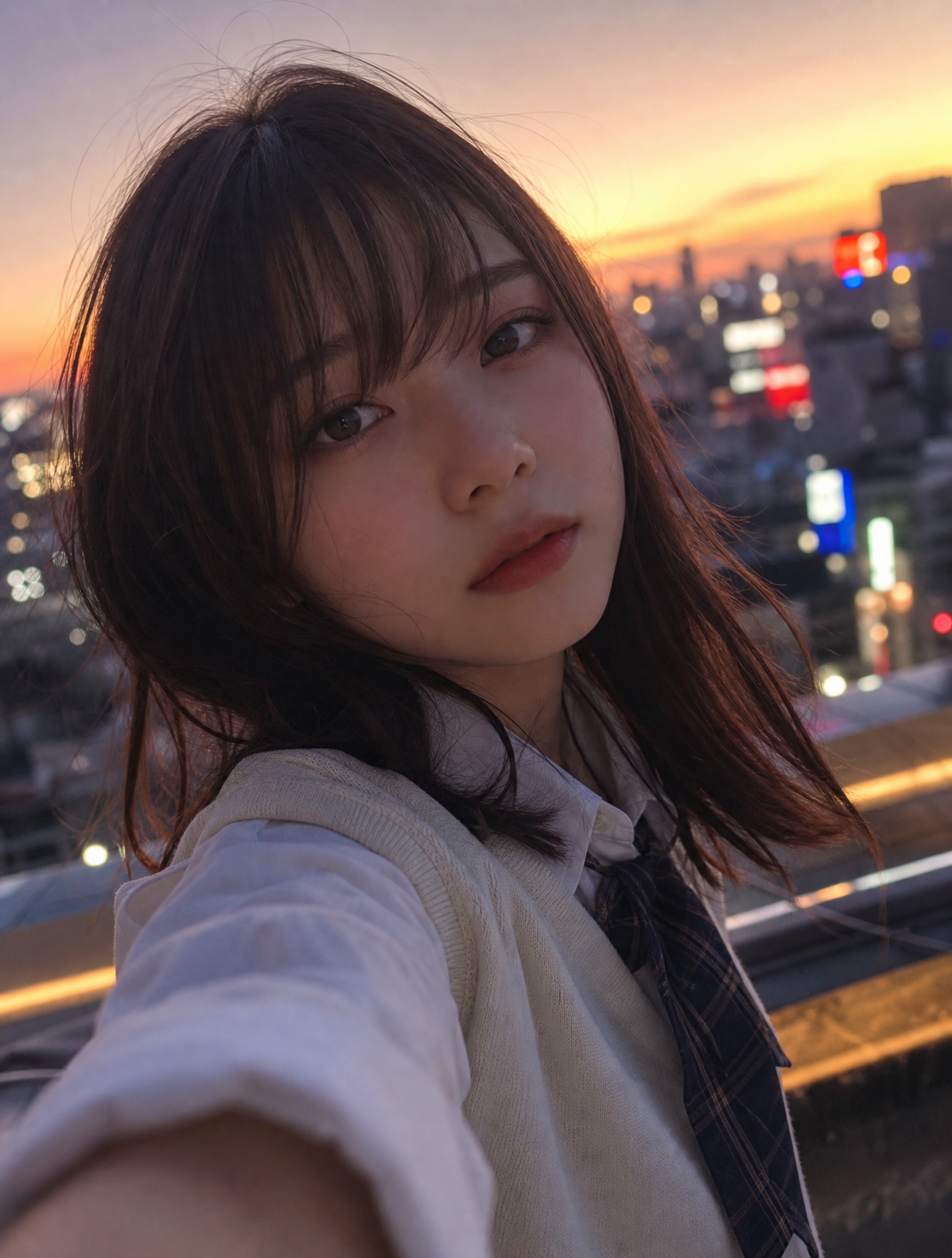 エモーショナルな雰囲気で、夕暮れ時の柔らかな光に包まれた日本人女子大生の自撮り写真。彼女の表情は少し憂いを帯びており、背